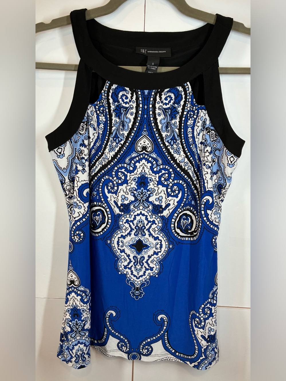 I.N.C. International Concepts Blue Paisley Rhinestone Sleeveless Top Size Small